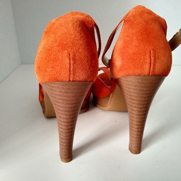Andrea orange wooden platform toe strap peep toe heels - Picture 3 of 9